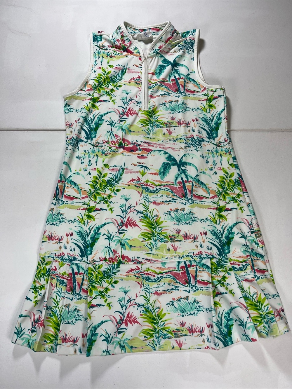 Sigrid Olsen Golf Tennis Dress Tropical Palm Print Zip Sleeveless EUC Womens M